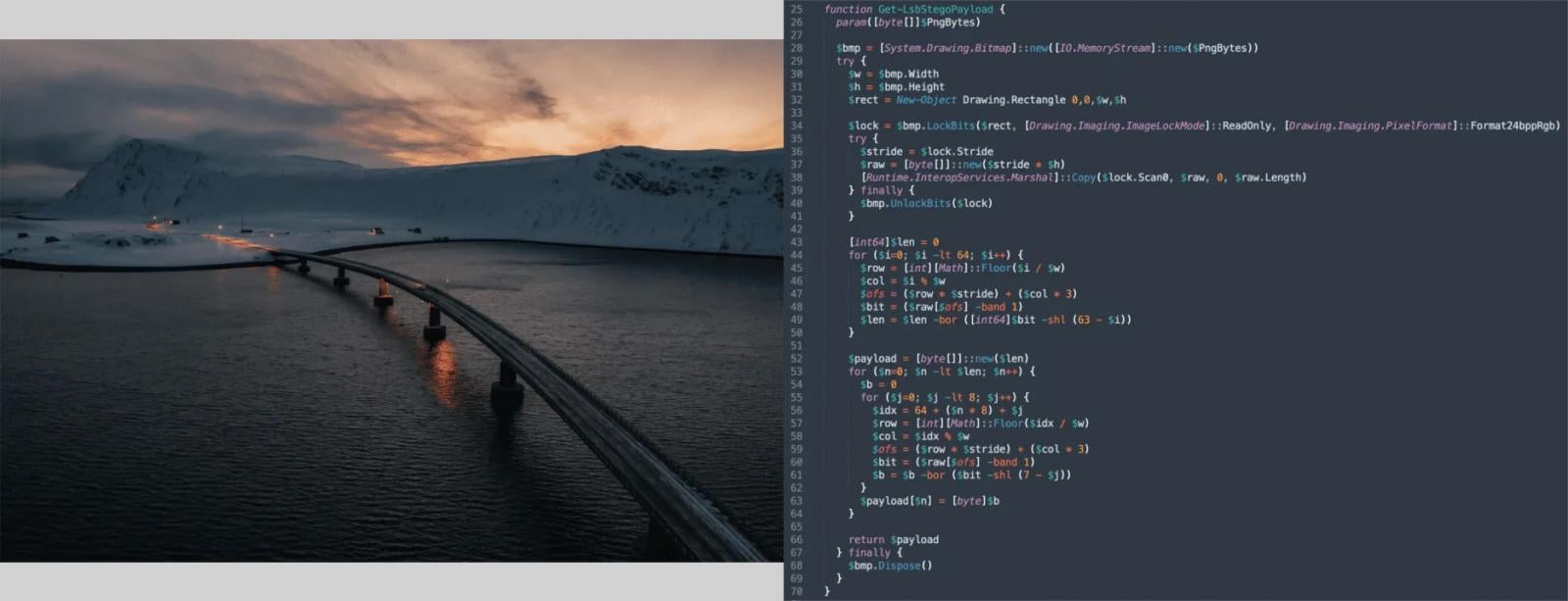 Steganographic image (left) and payload extraction logic (right)