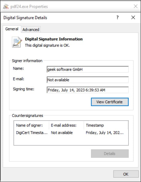 The executable's valid signature