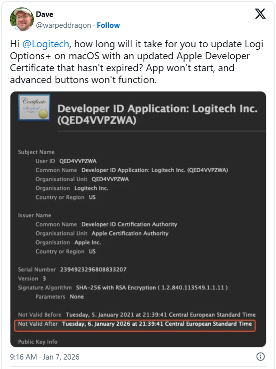 Logitech Options+, G HUB macOS apps break after certificate expires 4 Tweet