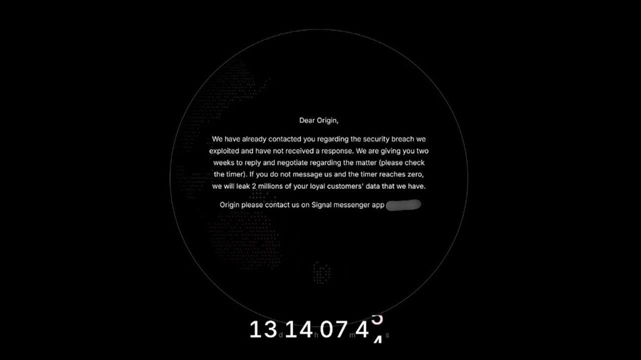 Threat actor's message to Origin