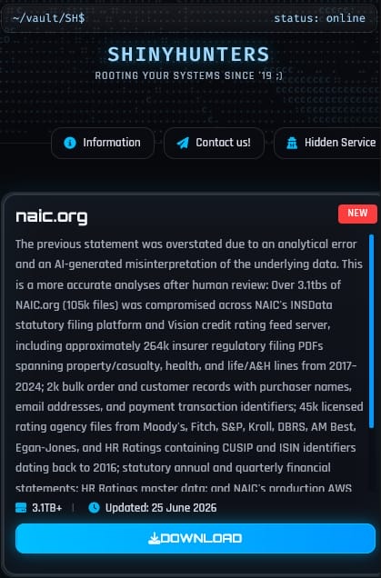 ShinyHunters update on NAIC data breach