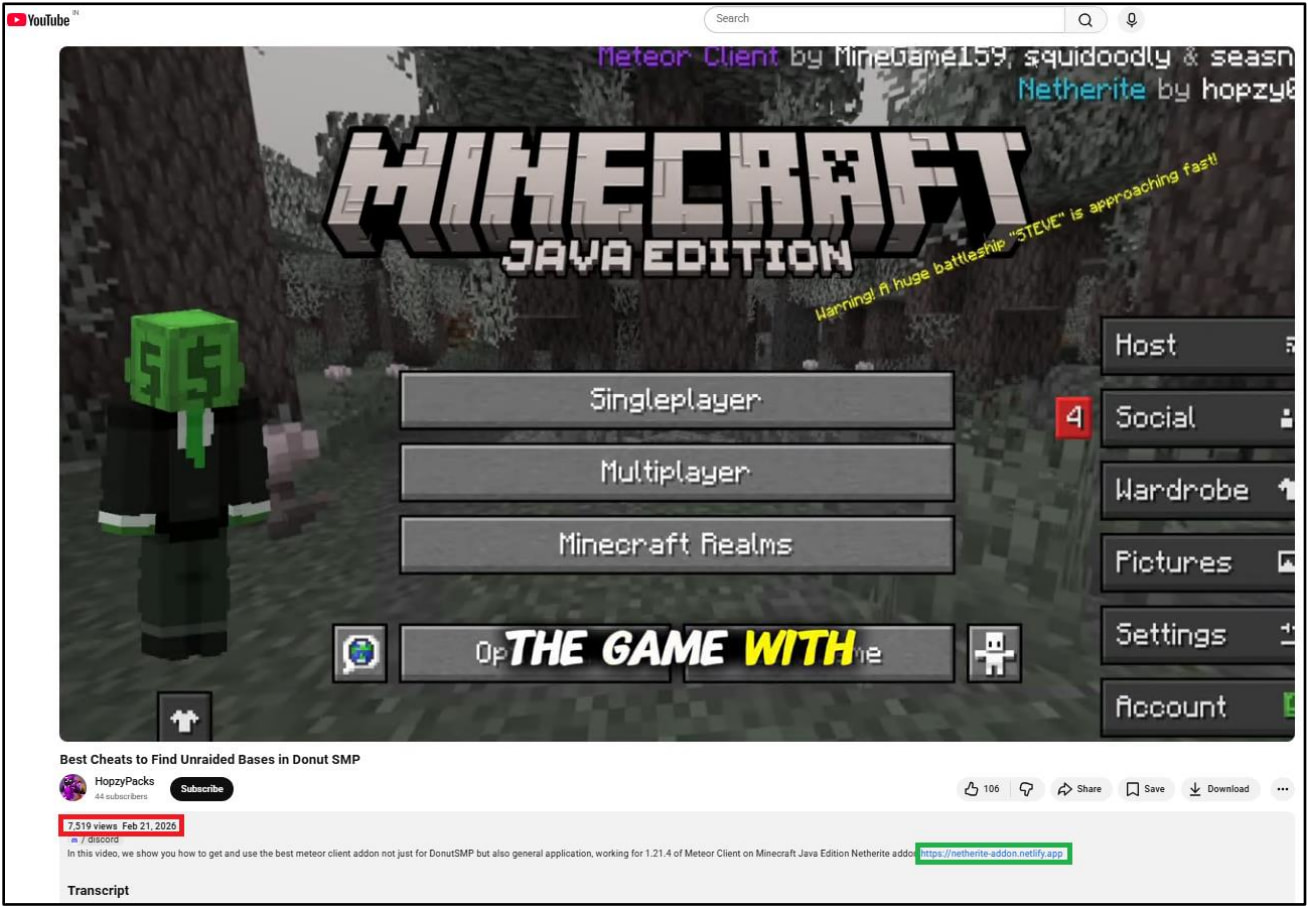 YouTube video promoting malicious mods