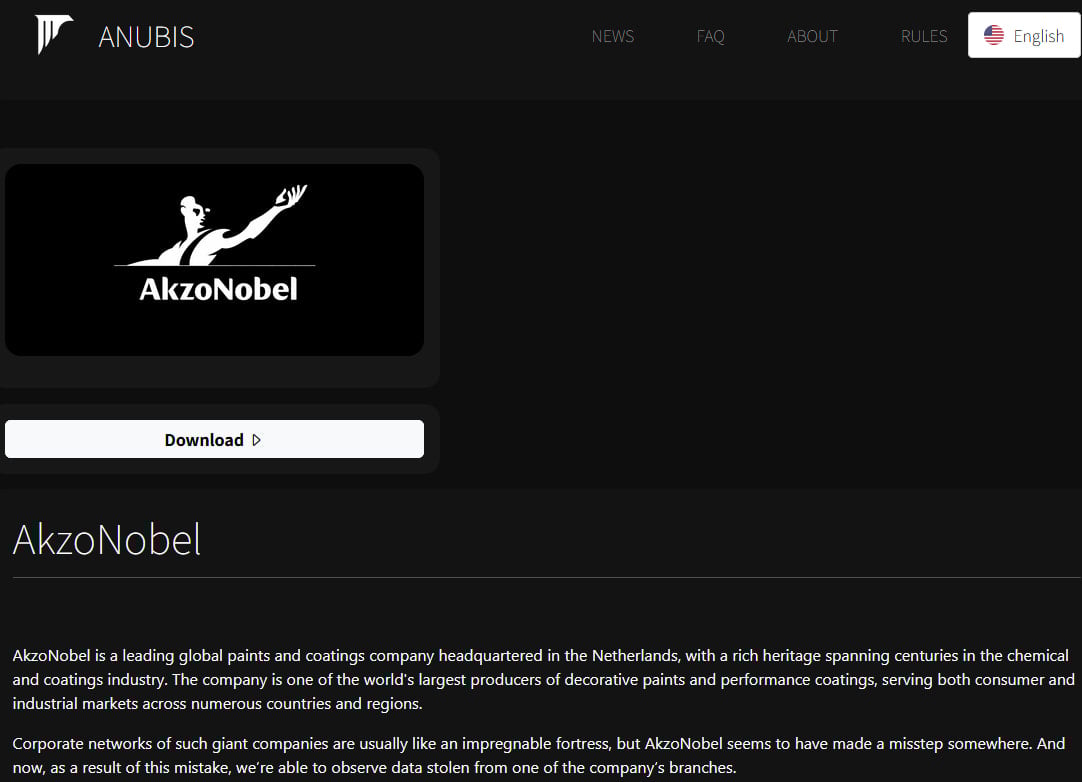 AkzoNobel entry on the Anubis ransomware site