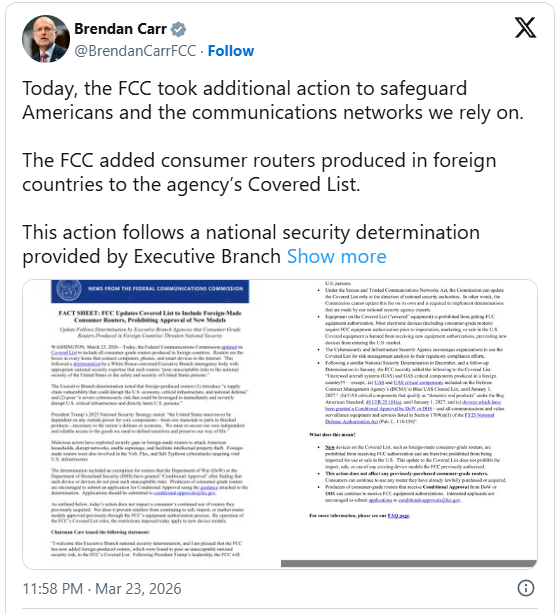 FCC bans new routers made outside the USA over security risks
