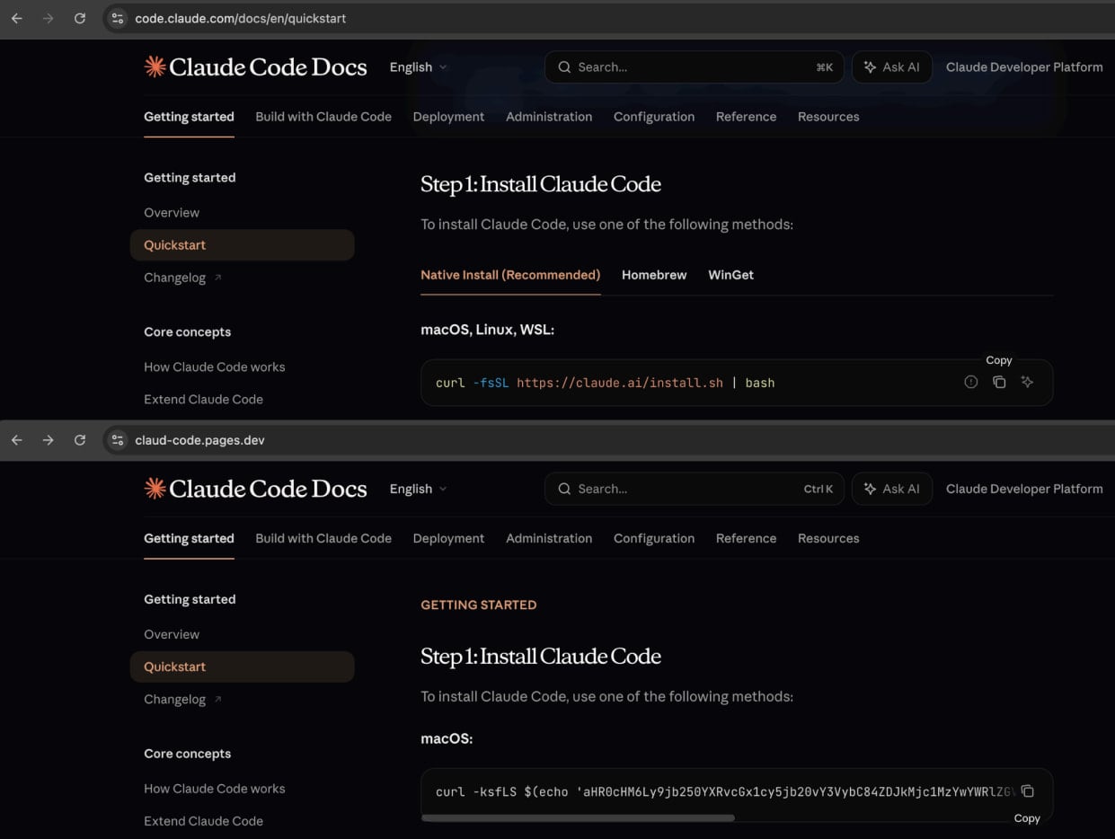 Comparion between the legitimate (top) and malicious page (bottom)