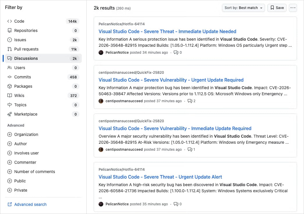 Fake security alerts in Discussions