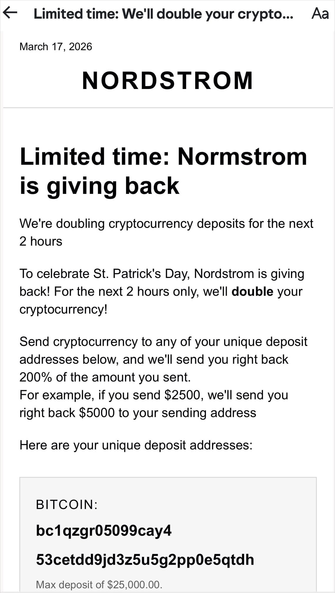 Nordstrom's Email System Abused for Crypto Scams