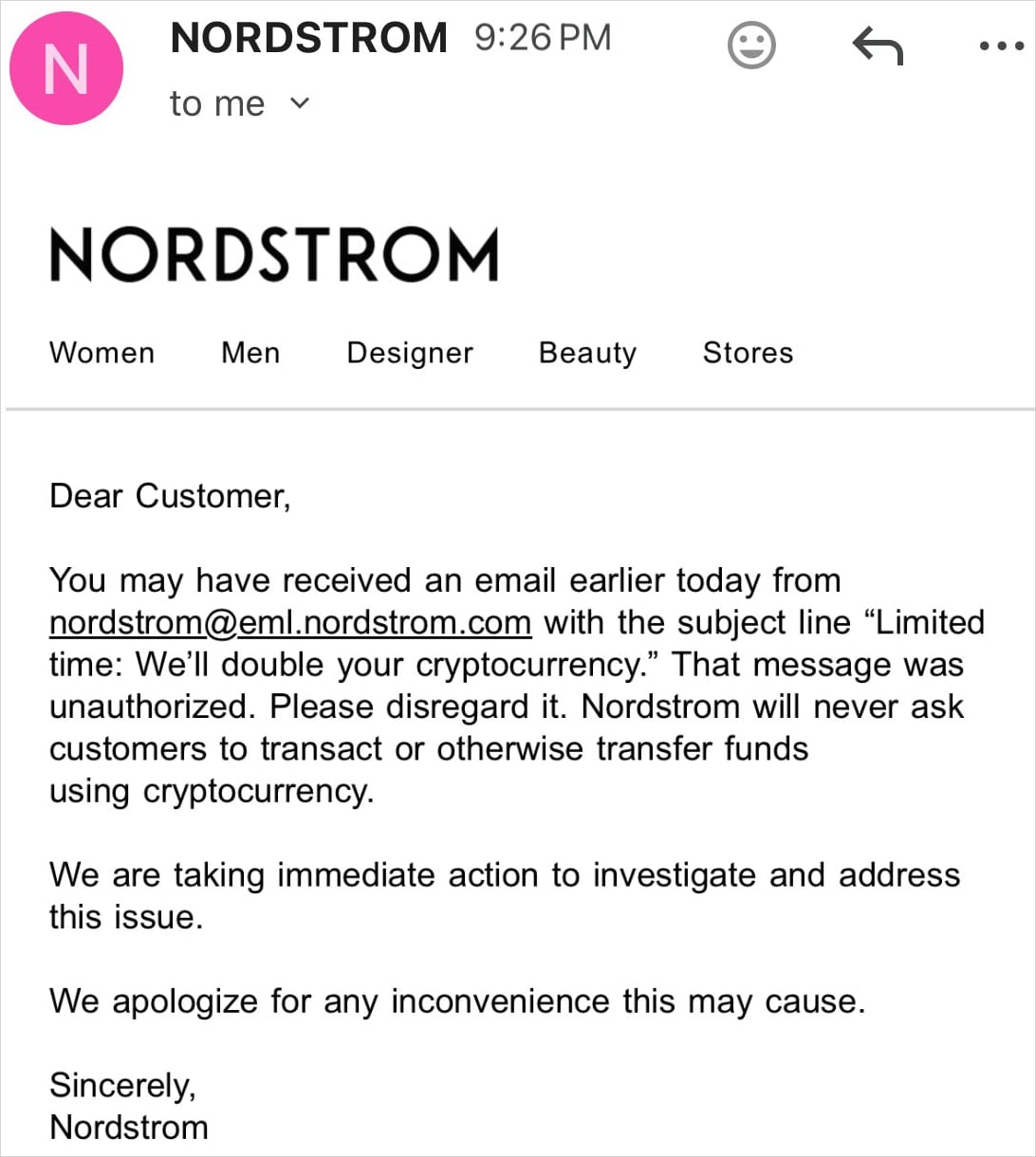 Nordstrom's email system abused to send crypto scams to customers