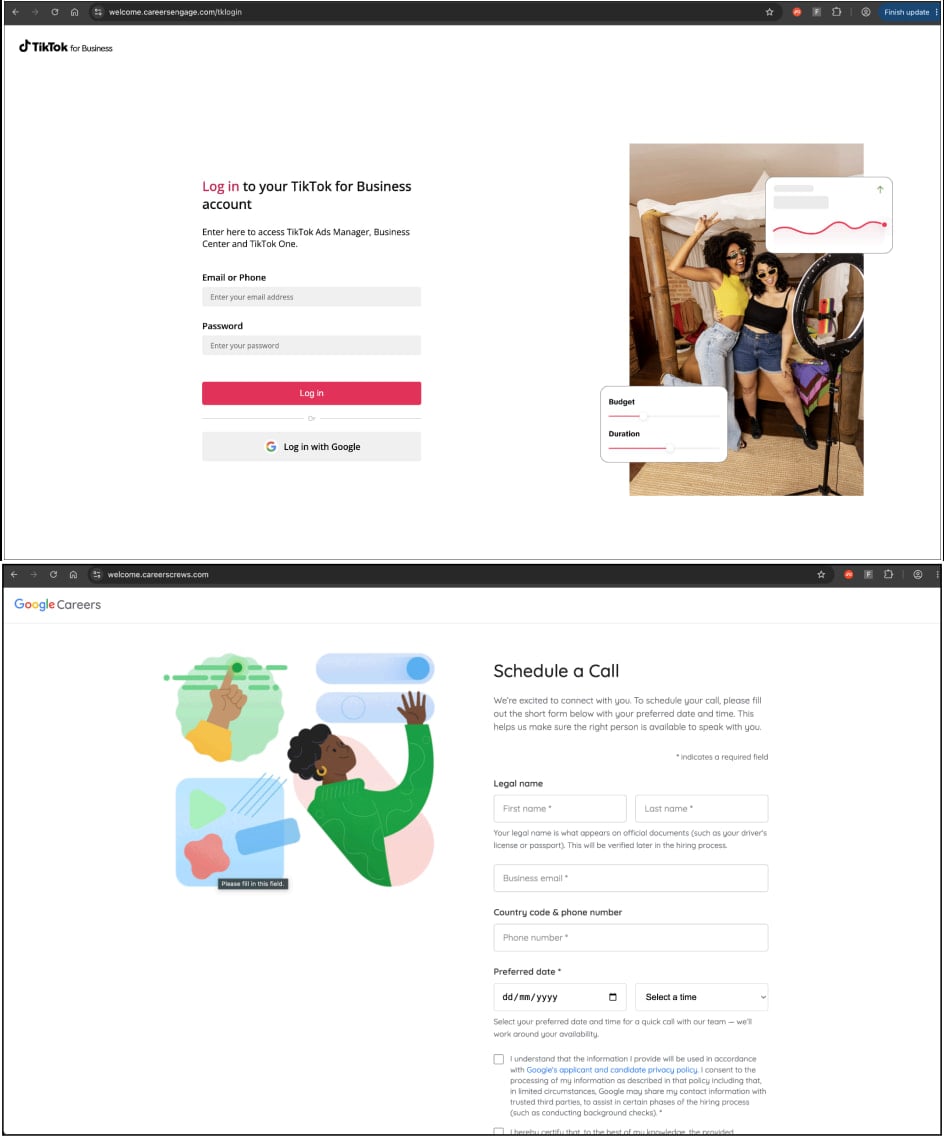 The TikTok themed (top) and Google (bottom) phishing pages 