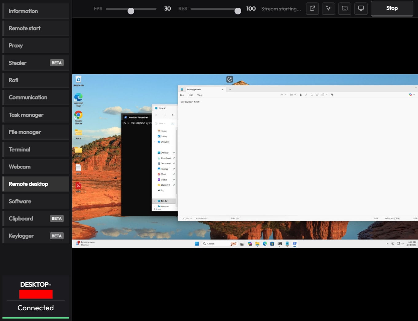 Remote desktop function in CrystalX RAT panel