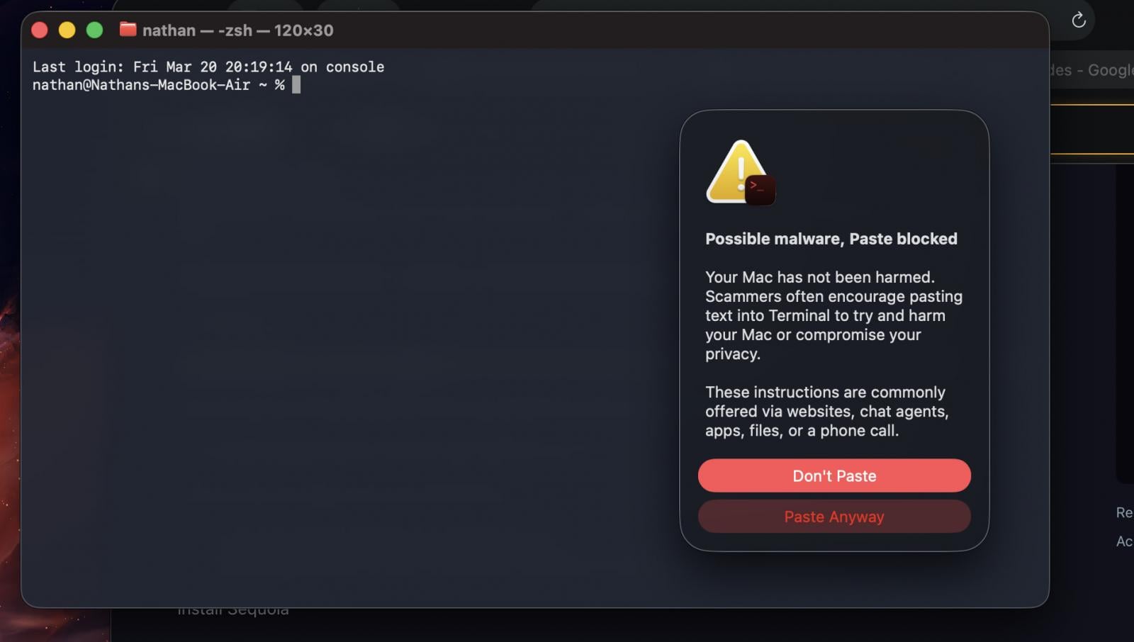 macOS's new warning prompt on risky pastes