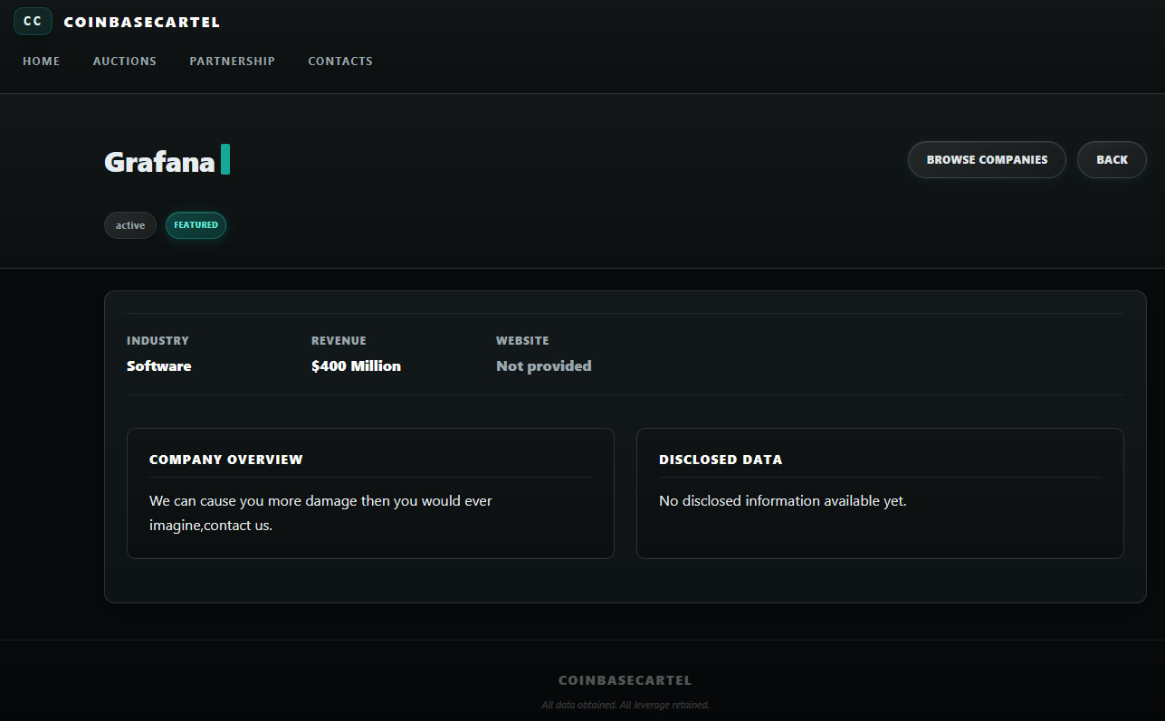 CoinbaseCartel listing Grafana as on its extortion portal