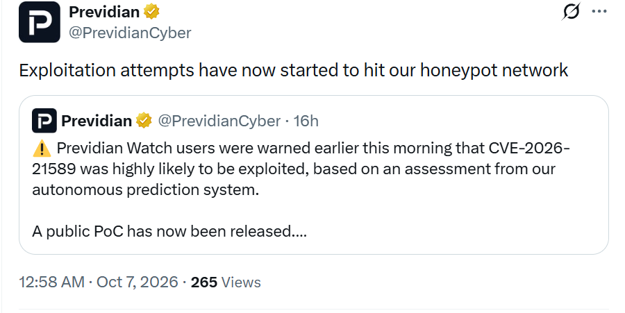 Previdian post about exploitation attempts targeting CVE-2026-21589
