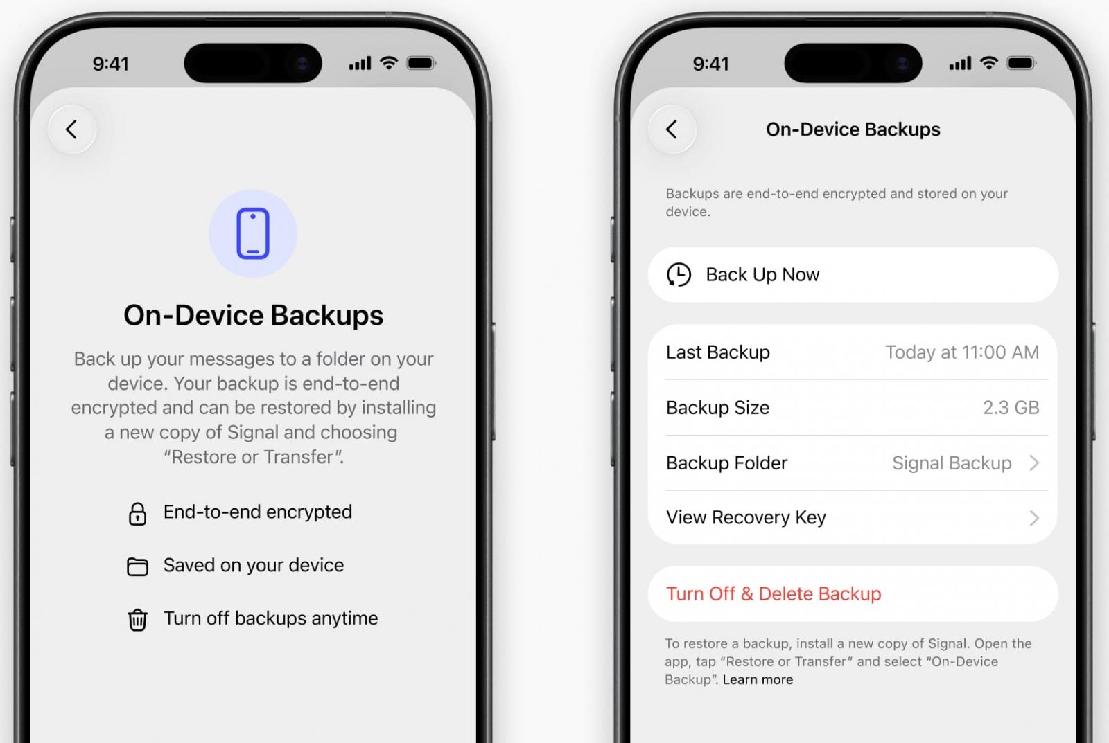 Signal local backup options for iOS