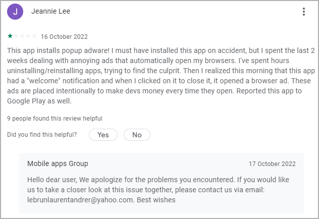 Una recensione dell'utente su Google Play e la risposta dello sviluppatore
