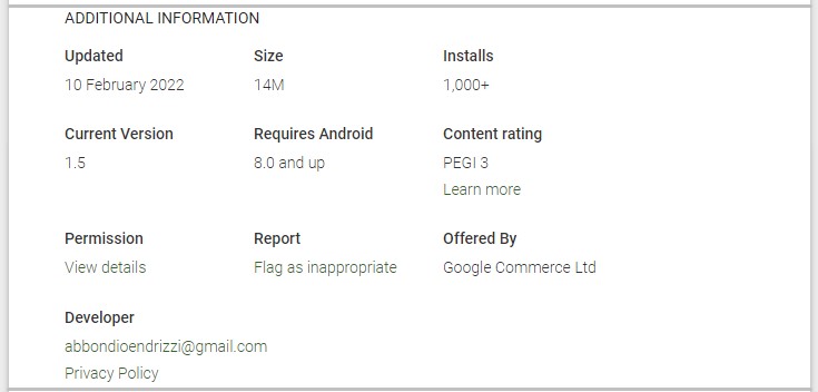 Publisher details on the Play Store