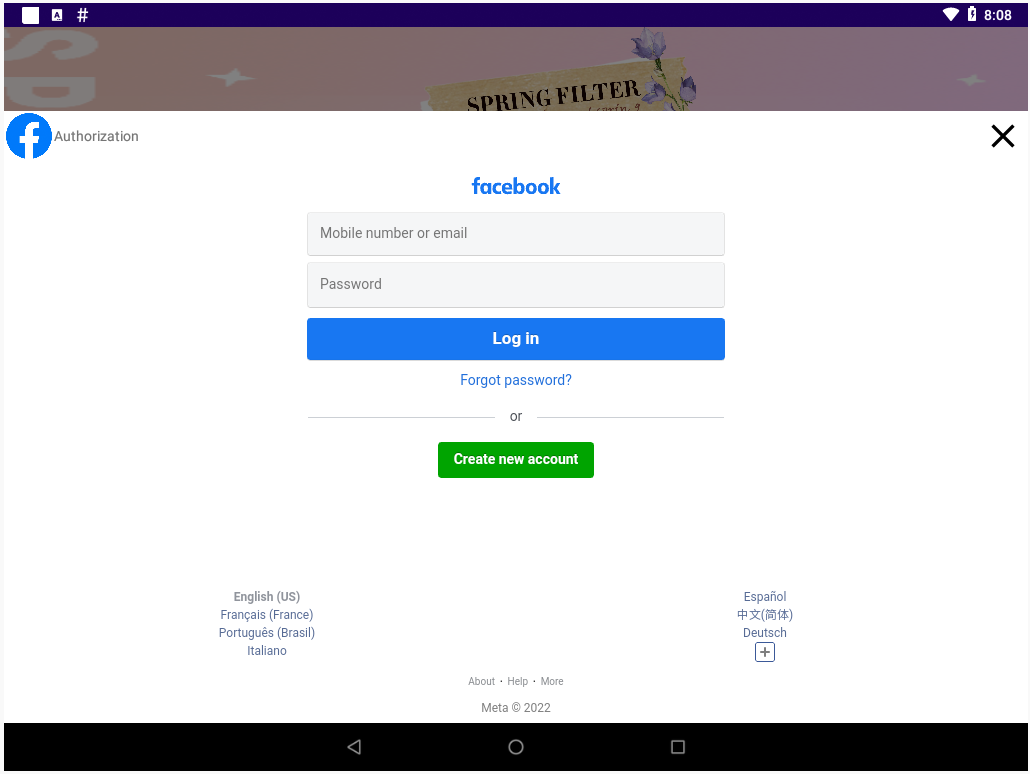 Fake Facebook login page overlaid on the compromised device