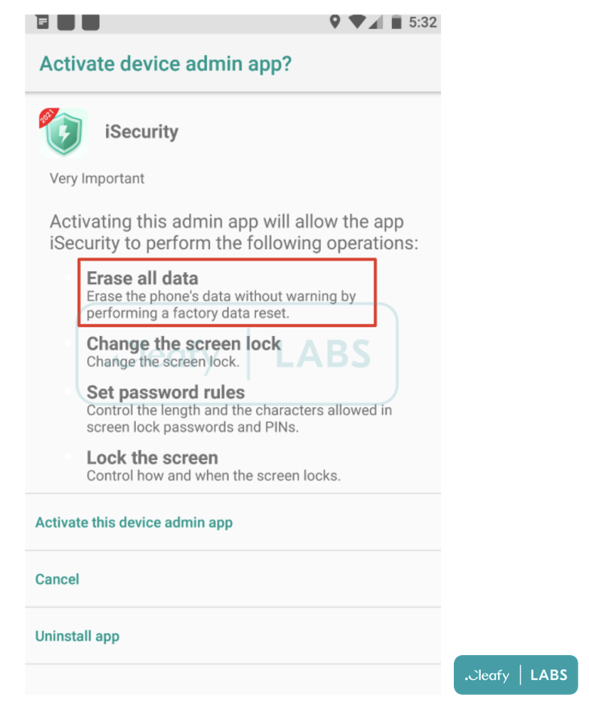 Factory reset permission requested by the laced BRATA app
