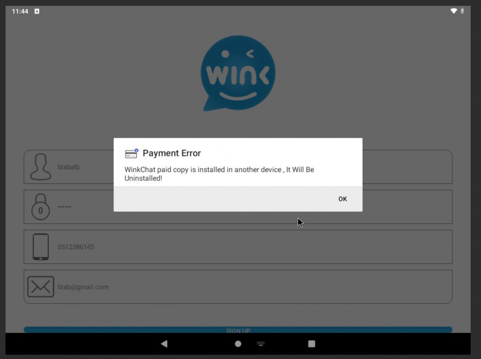 Fake error trying to convince the victim the app will be deleted