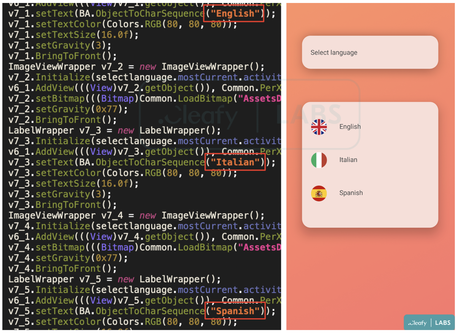 Language selection screen on the SMS stealer app