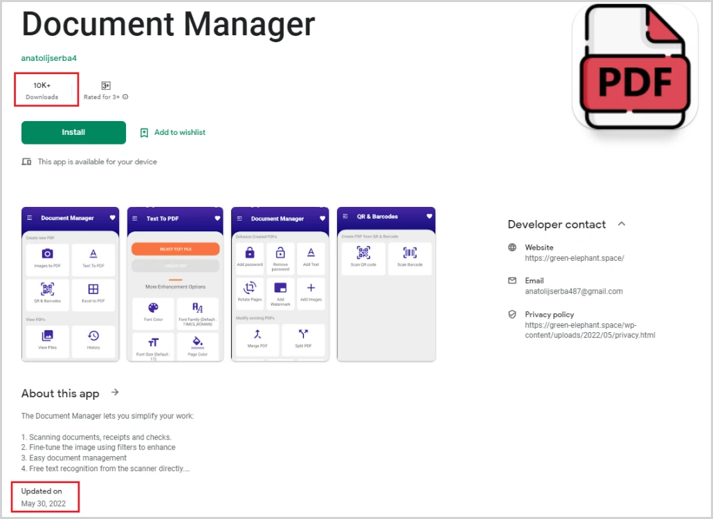 Hydra se cachant dans une application de gestion de PDF sur le Play Store