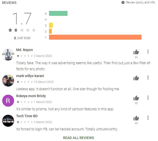 User reviews on the Play Store