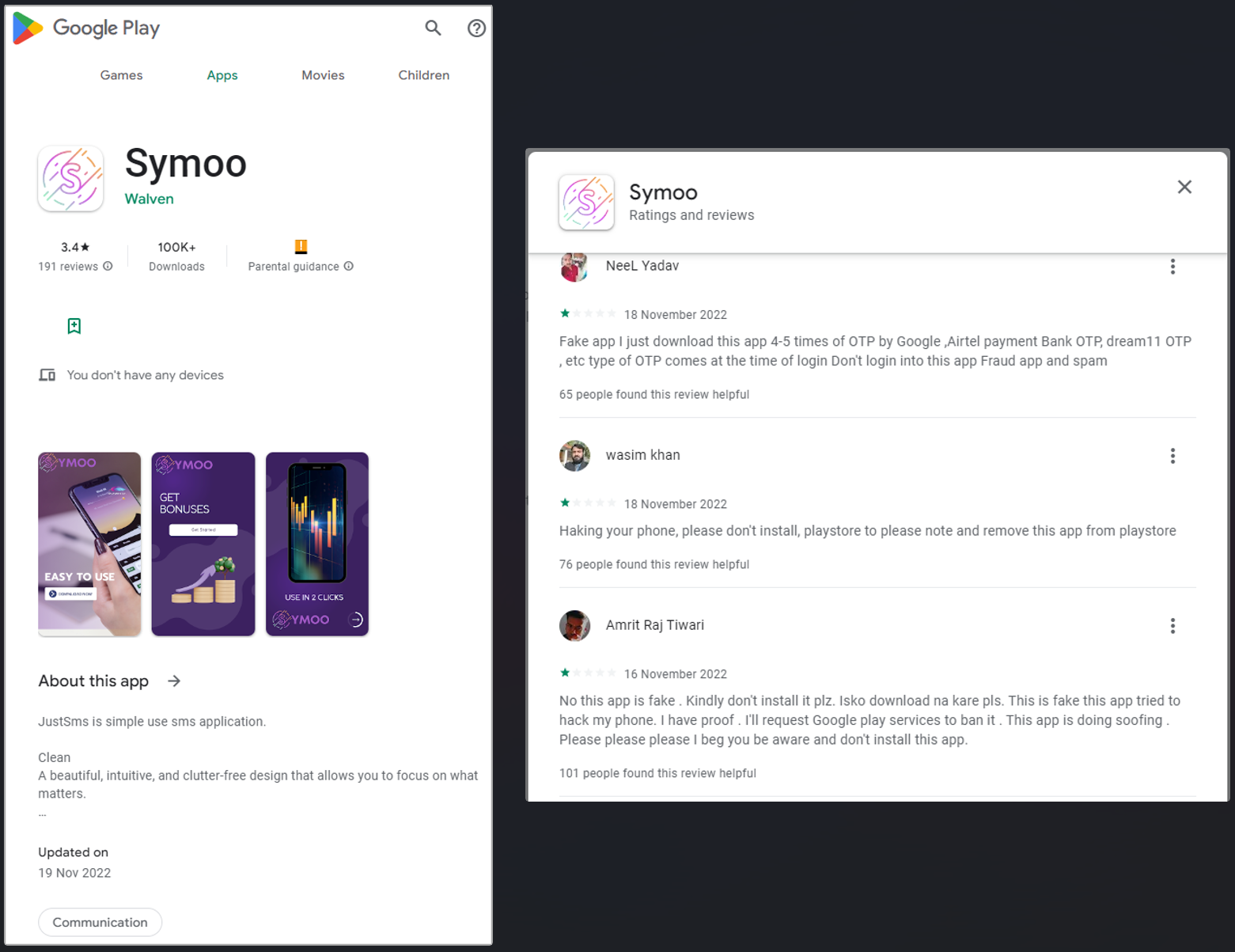 Symoo app and user reviews on Google Play