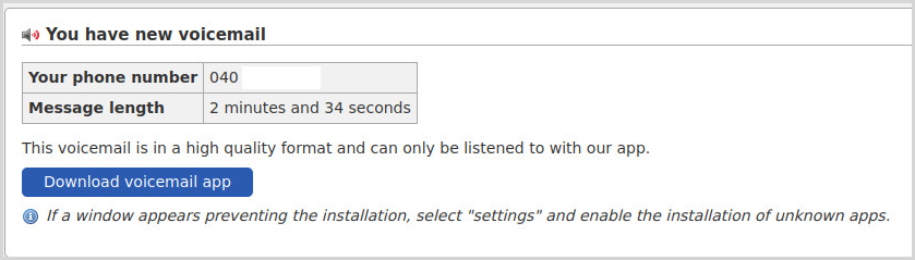 Bogus voicemail alert urging the user to download an app