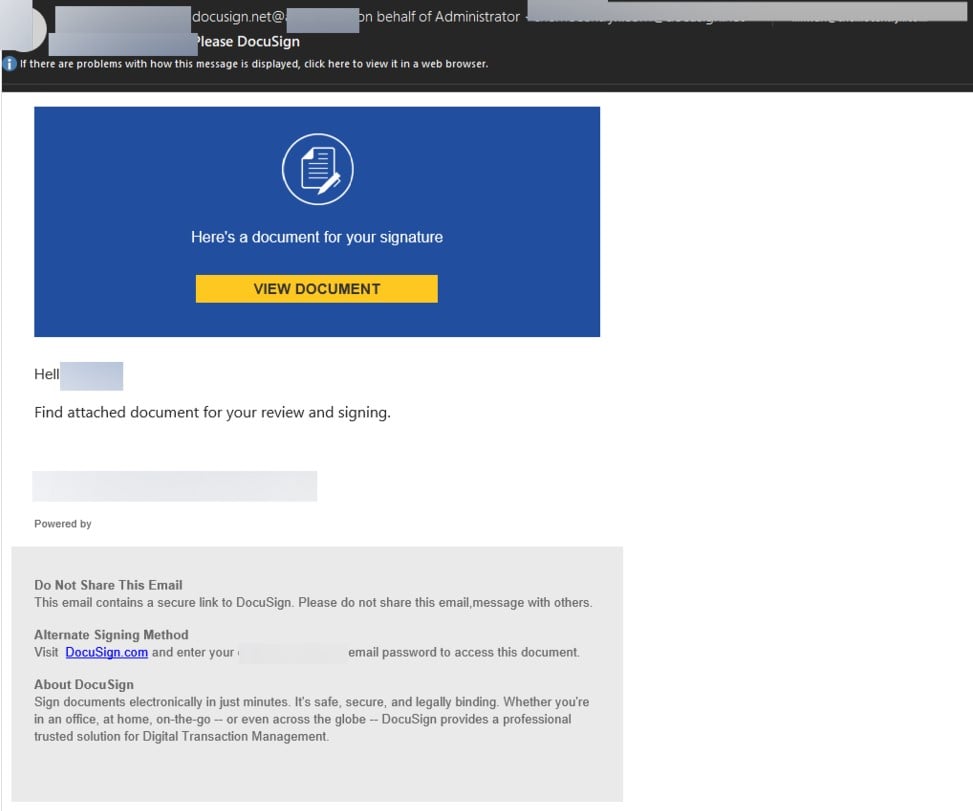 Fake DocuSign phishing email