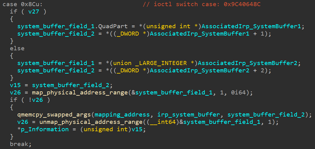 One of the vulnerable IOCTL handlers used in the BYOVD exploit