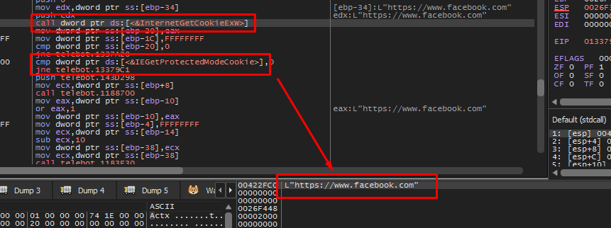 The malware (telebot) executing functions to steal Facebook cookies from IE