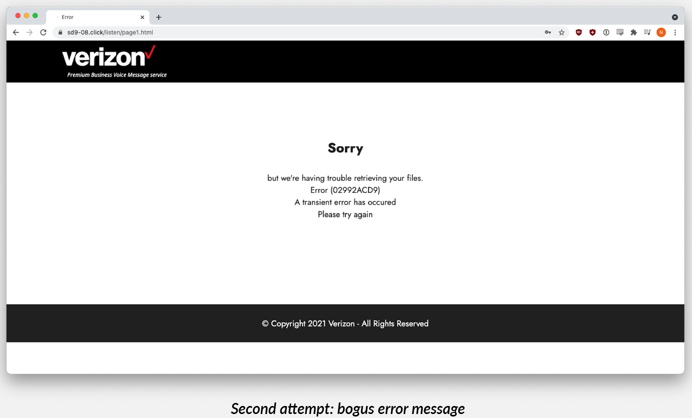 Bogus error generated after the victim enters their credentials twice on the phishing site