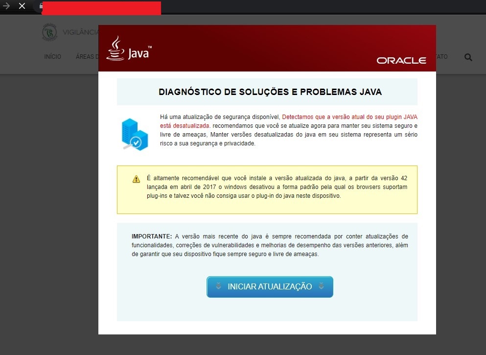 Warning urging the user to download Java