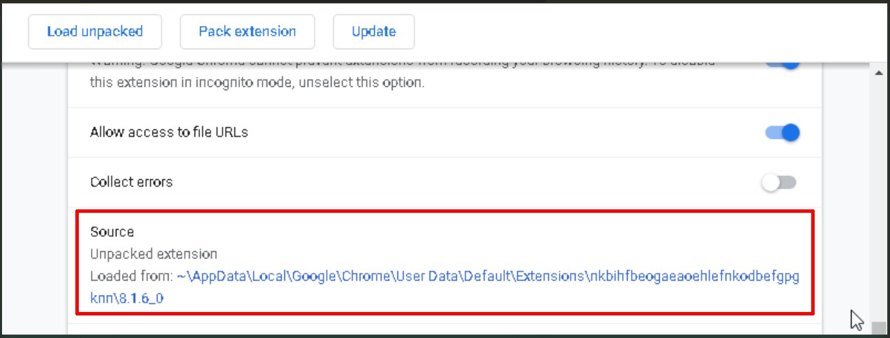Extension showing a local folder as an installation source