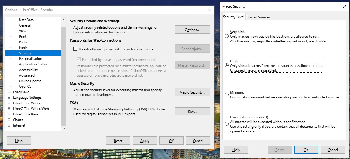 Menu to set macros to disabled on LibreOffice