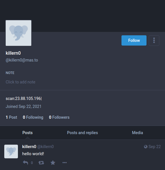 Actor's Mastodon profile with C2 URL on the description