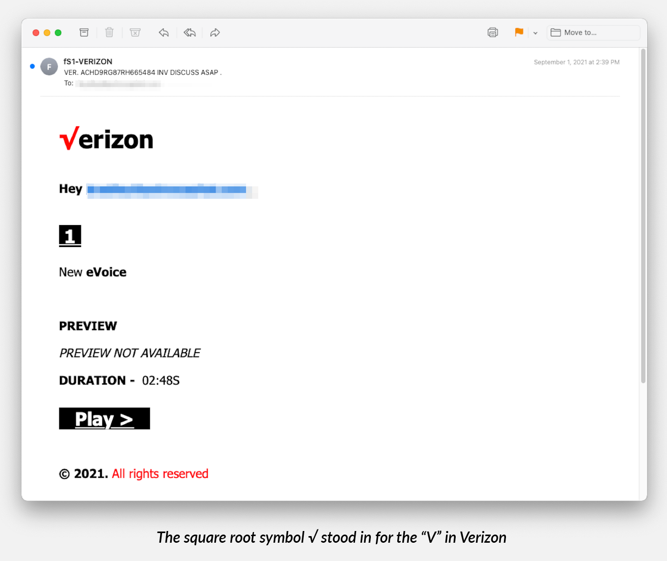 Phishing message using the square root symbol in the Verizon logo