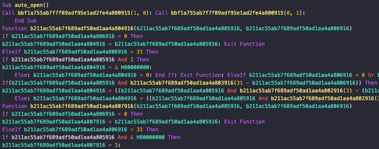 Obfuscated macro code sampled from the documents