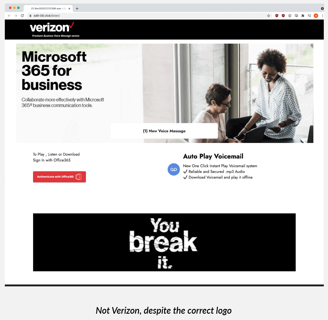 A cloned Verizon site used as the phishing page of the campaign