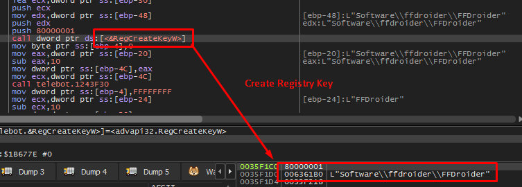 FFDroider adding a registry key on the infected system