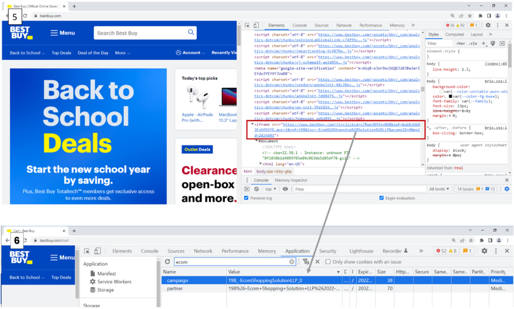 Inserting a referral URL (above) and setting the cookie to include an affiliate ID (bottom)