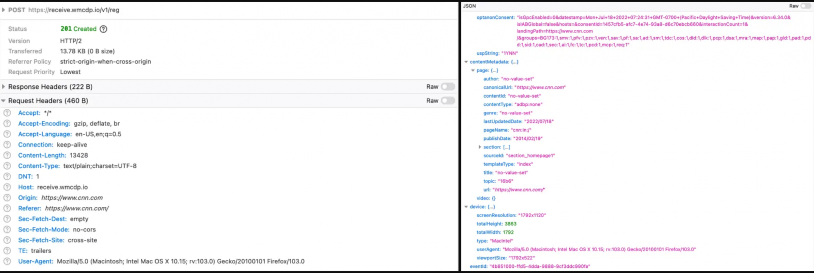 Sample request header (left) and payload (right)