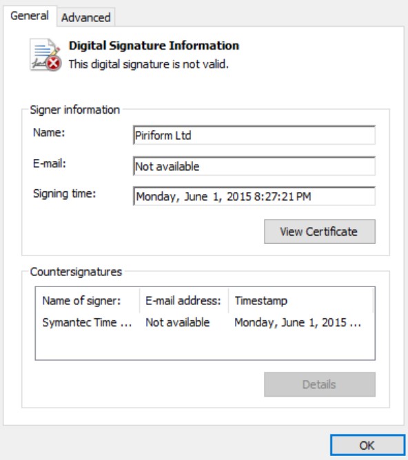 Invalid signature on the main executable