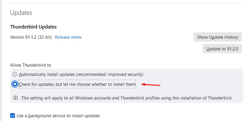 Stopping Thunderbird from updating automatically